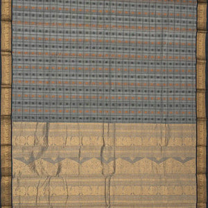 Grey Handloom Kanchi Cotton Saree With Checks & Chakaram Motifs.