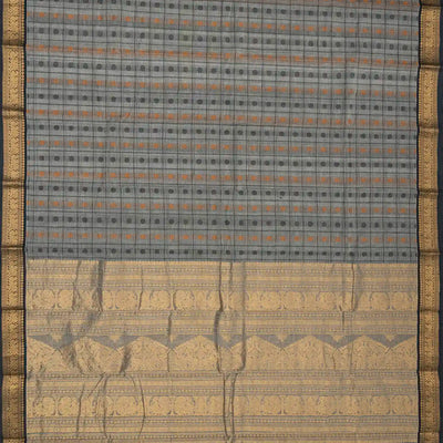 Grey Handloom Kanchi Cotton Saree With Checks & Chakaram Motifs.