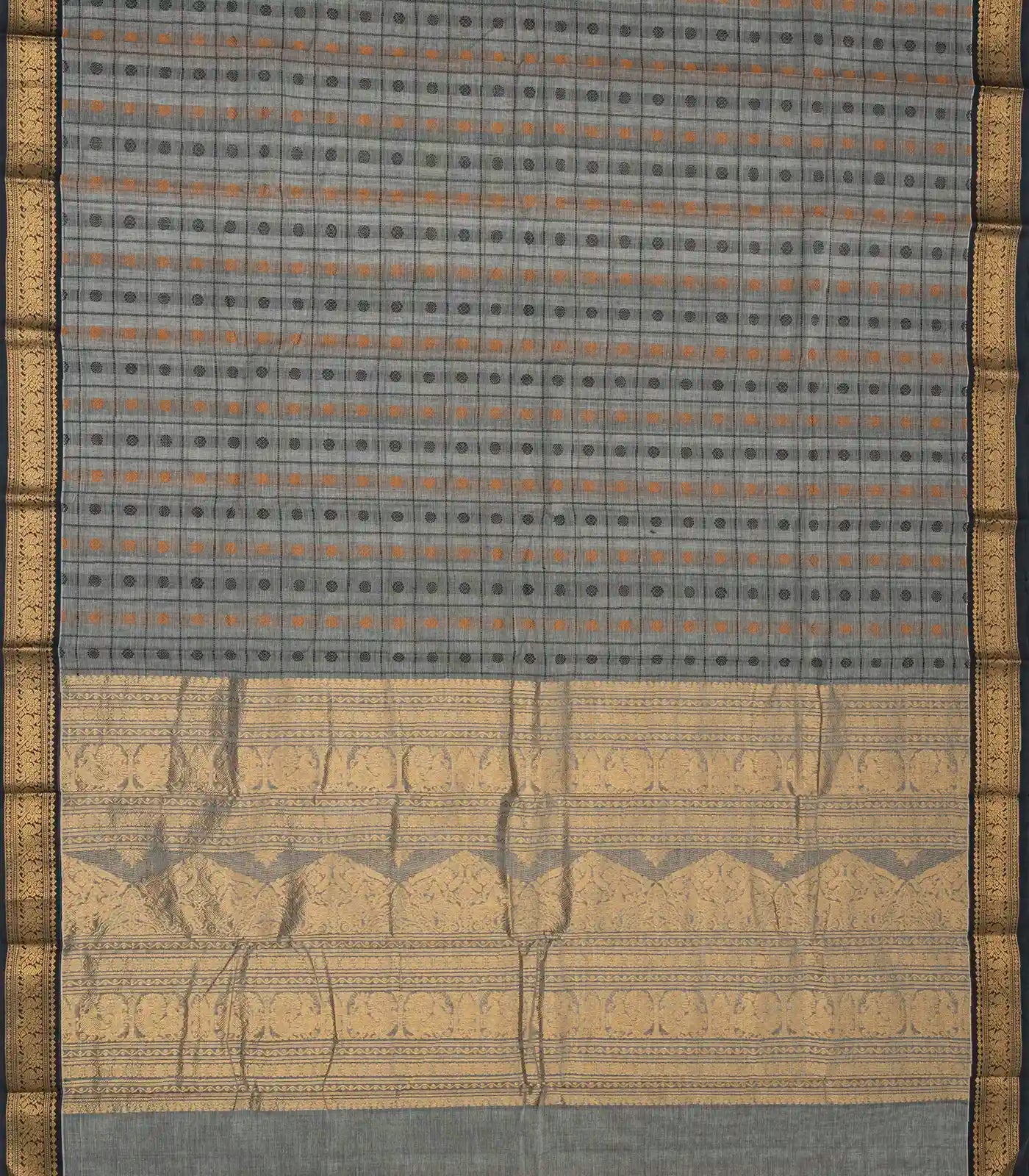 Grey Handloom Kanchi Cotton Saree With Checks & Chakaram Motifs.