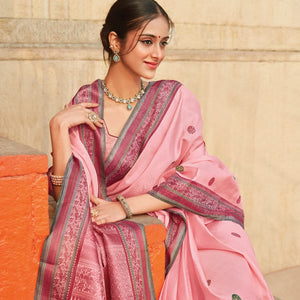 Baby Pink Handloom Kanchipuram Silk Saree With Meena Buttas