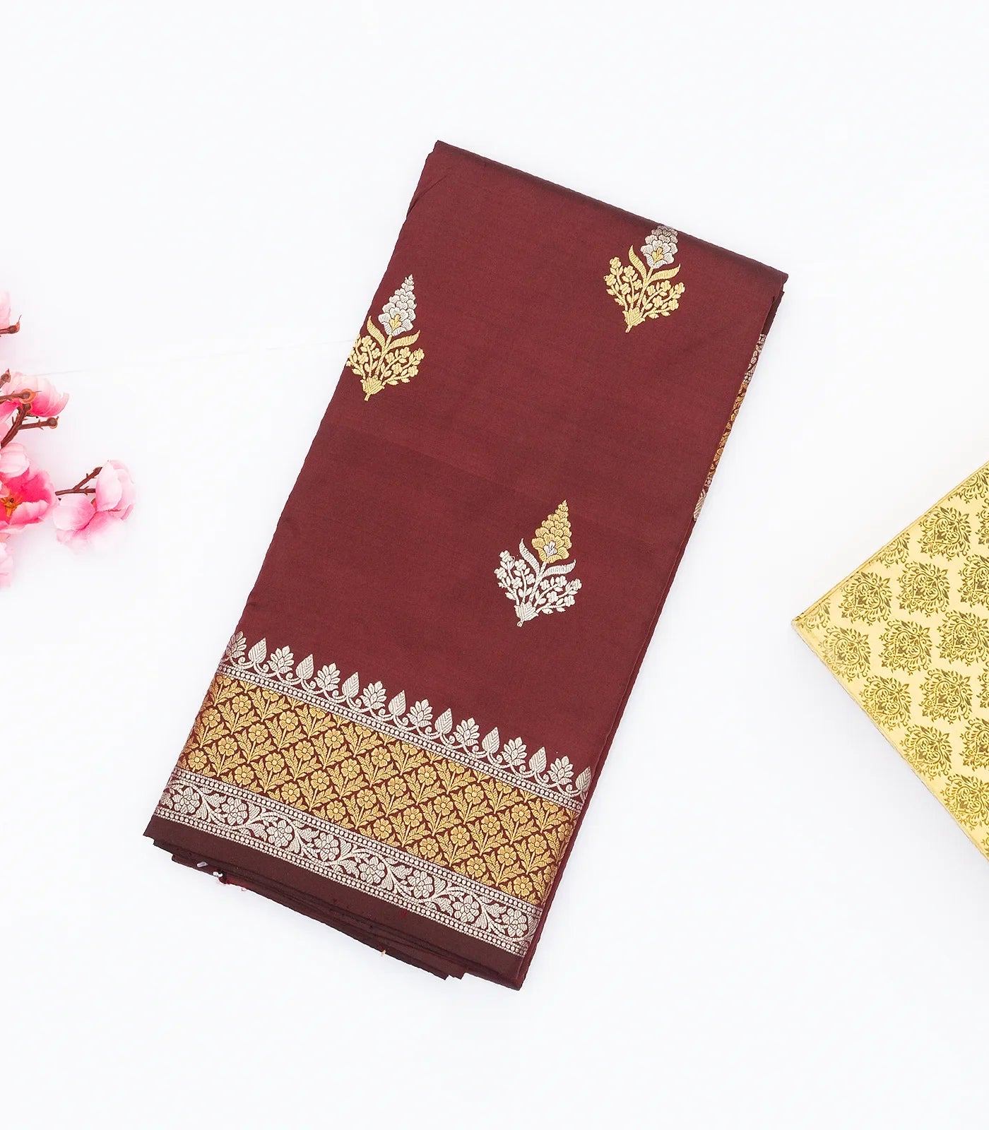 Maroon Handloom Banarasi Silk Saree With Gold & Silver Zari Buttas