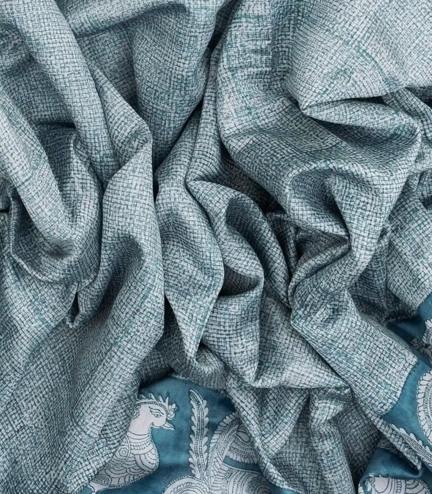 Steel Blue Woven Chanderi Cotton Saree Printed With Annam Motifs