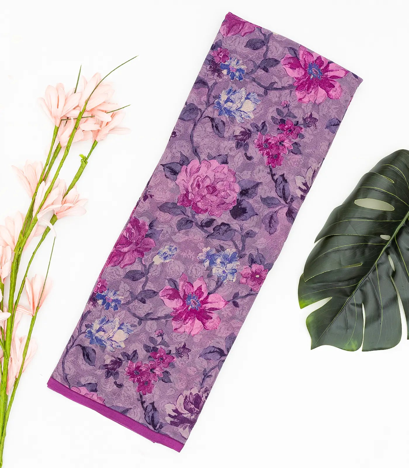 Lilac Woven Digital Printed Chiffon Silk Saree With Floral Motifs