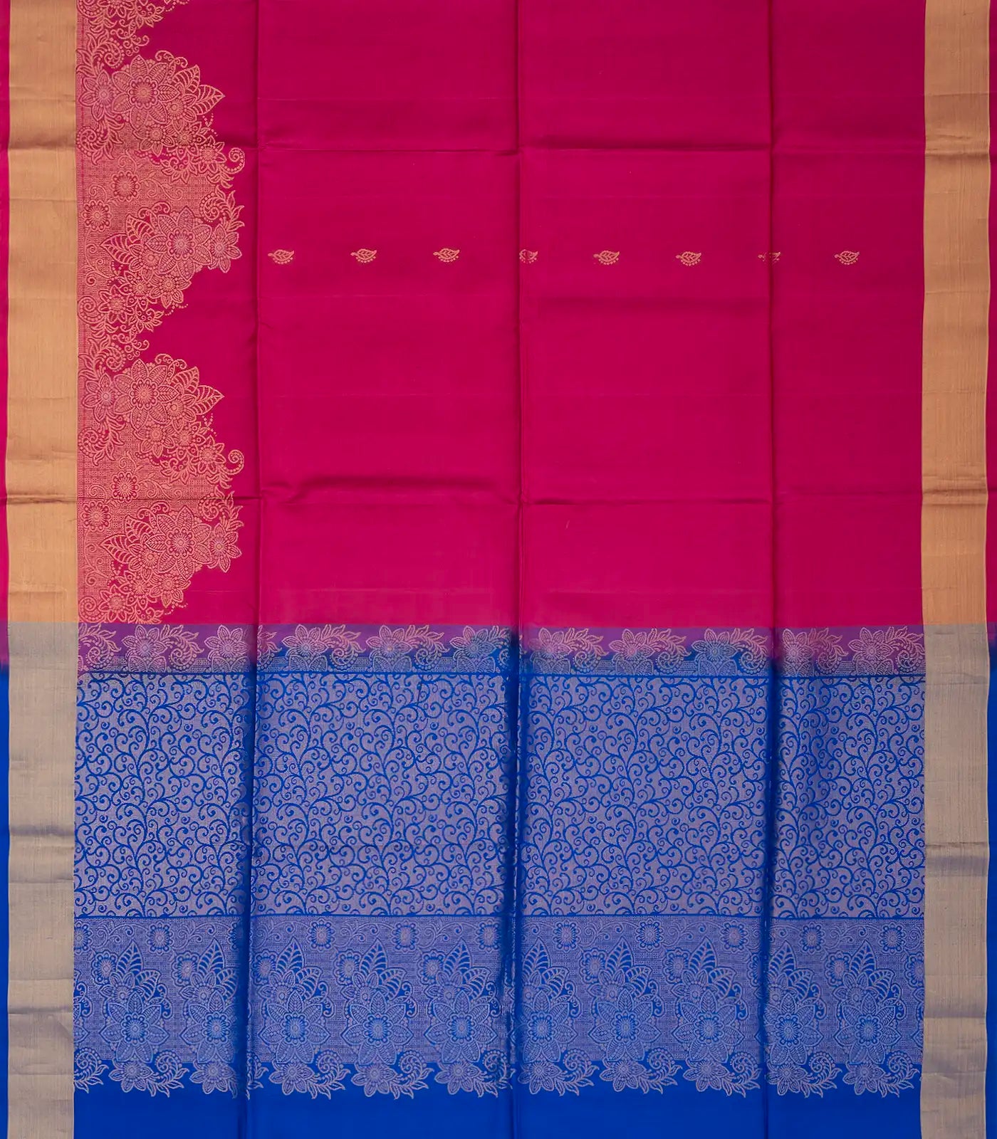 Pink Handloom Soft Silk Saree With Floral Buttas & Blue Pallu