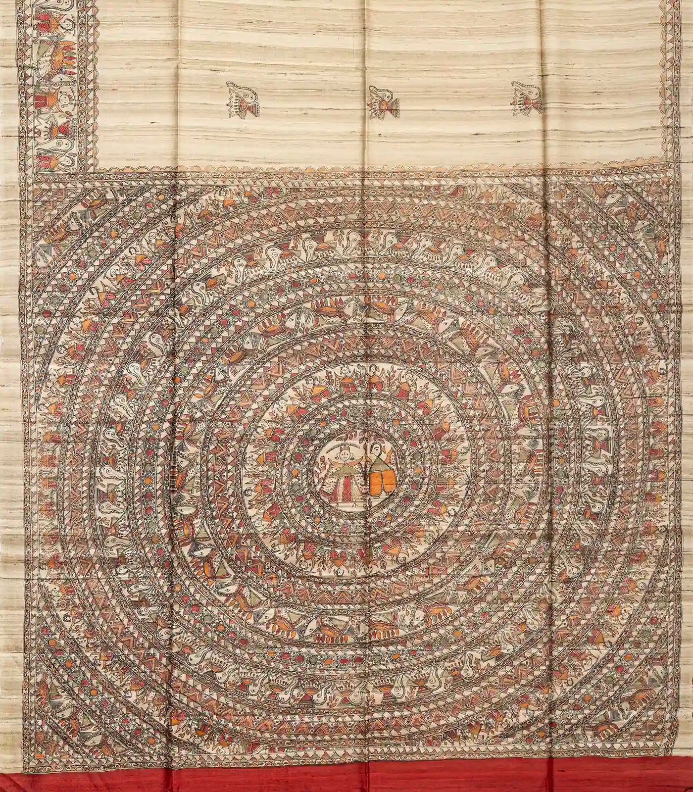 Taupe Handloom Tussar Silk Saree With Printed Red Floral Motifs