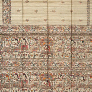 Taupe Handloom Tussar Silk Saree With Printed Crimson Floral Motifs