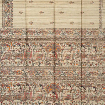 Taupe Handloom Tussar Silk Saree With Printed Crimson Floral Motifs