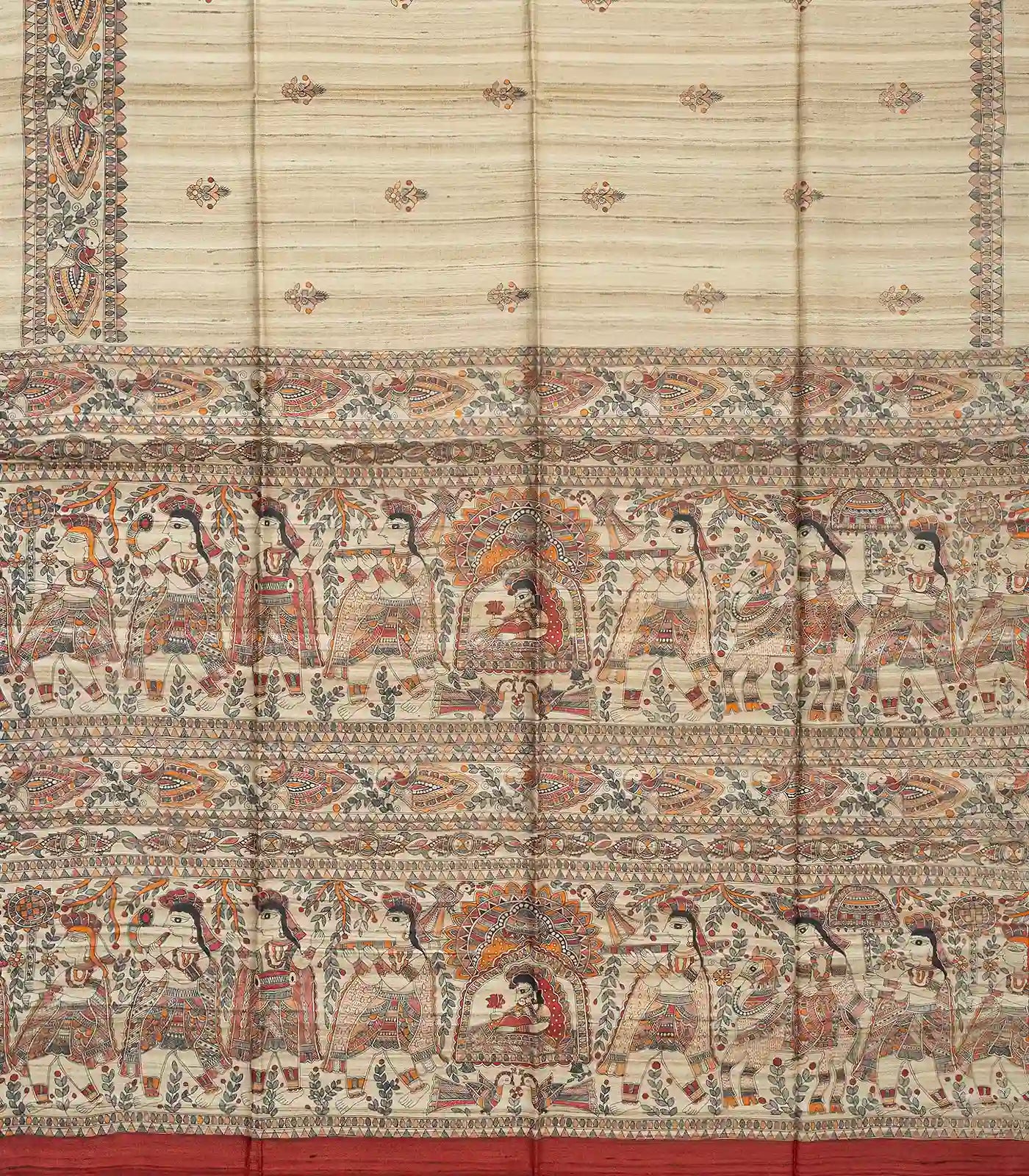 Taupe Handloom Tussar Silk Saree With Printed Crimson Floral Motifs