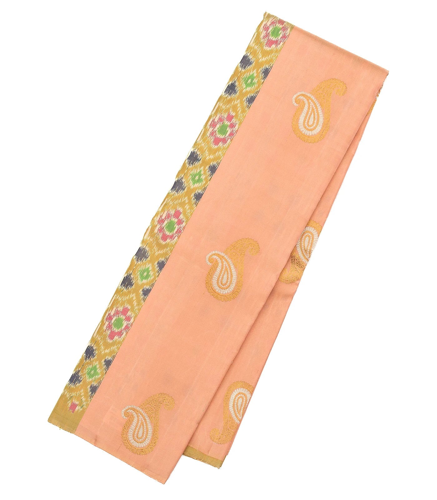 Peach Handloom Kanchipuram Silk Saree With Ikat Floral Motifs