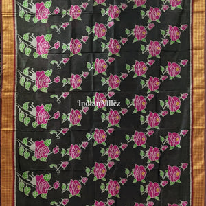 Black Rose Flower Theme Khandua Silk Saree