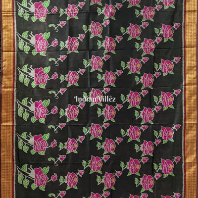 Black Rose Flower Theme Khandua Silk Saree