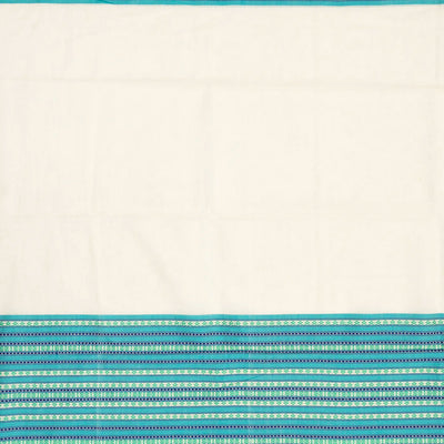 White Handloom Bengal Cotton Saree With Contrast Blue Border