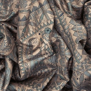 Taupe Handwoven Tussar Silk Saree With Blue Printed Wedding Motifs