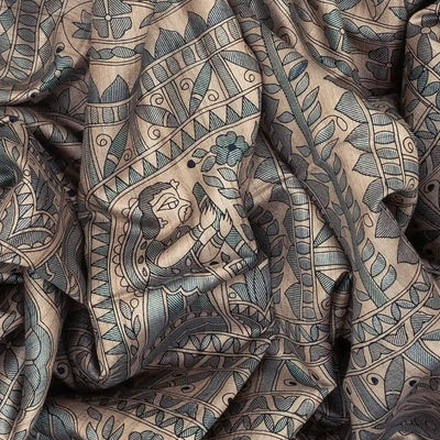 Taupe Handwoven Tussar Silk Saree With Blue Printed Wedding Motifs