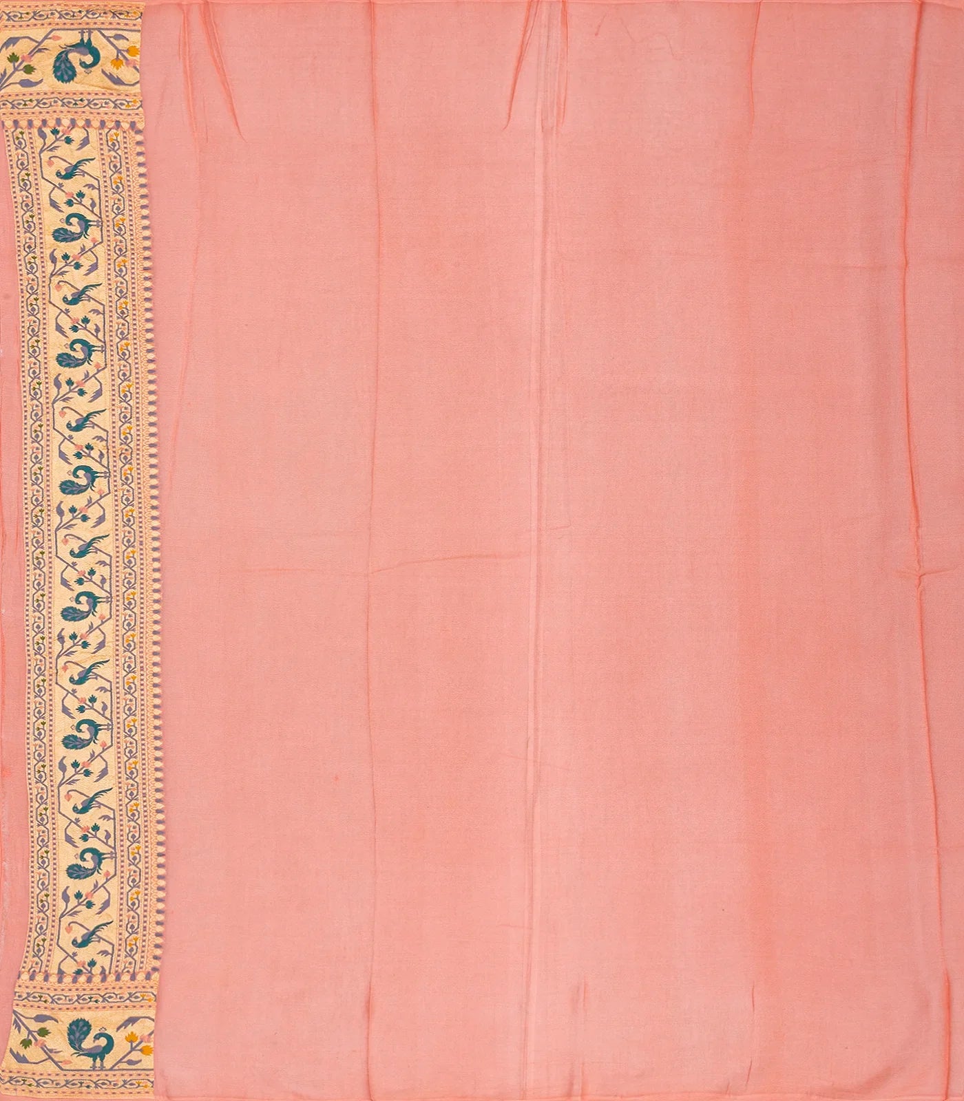 Light Peach Handwoven Banarasi Khaddi Georgette Silk Saree With Peacock Motifs