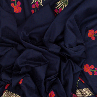 Navy Blue Handwoven Banarasi Silk Saree With Embroidered Floral Motifs
