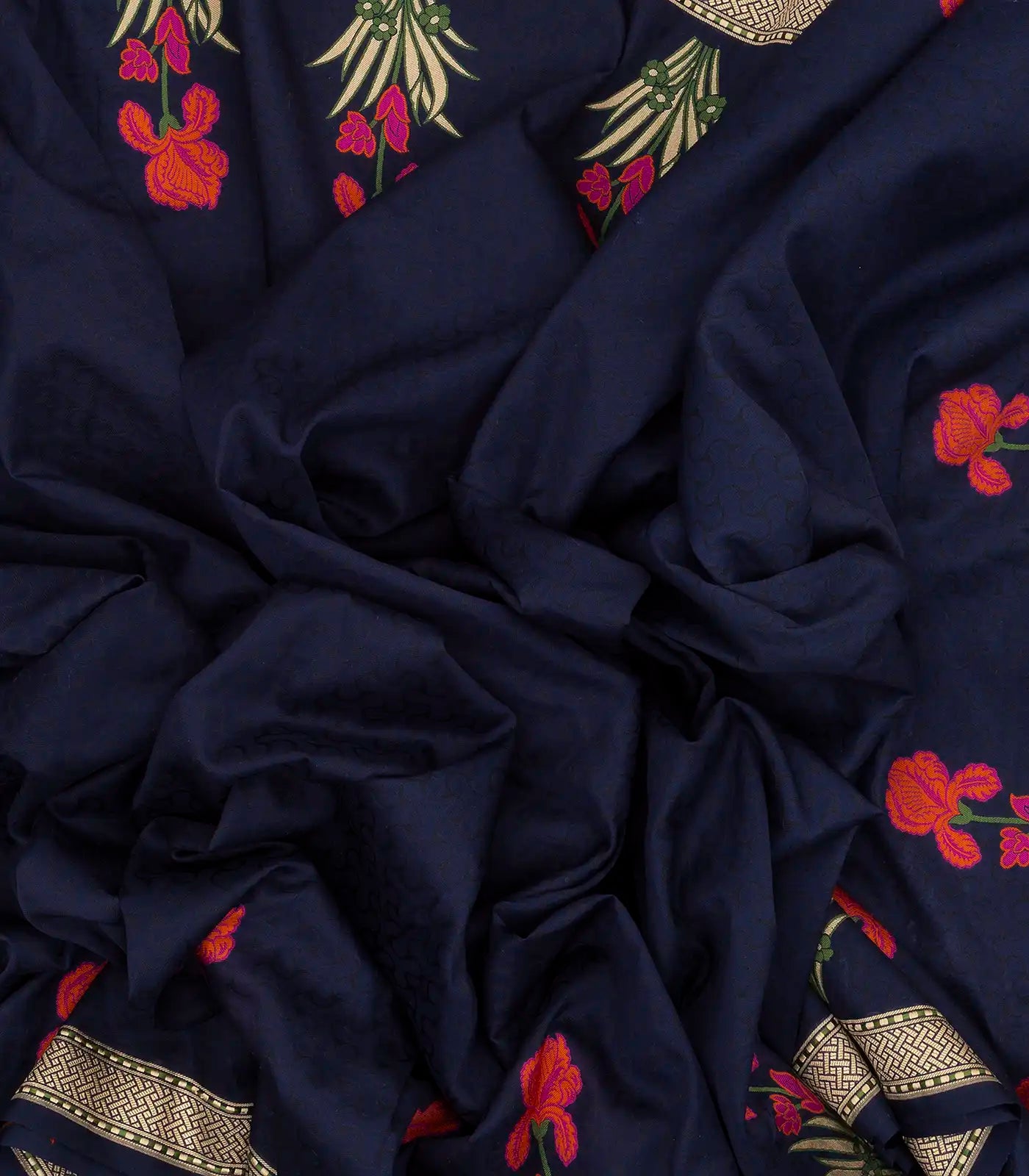 Navy Blue Handwoven Banarasi Silk Saree With Embroidered Floral Motifs