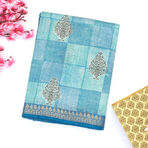 Light Blue Handloom Tussar Silk Saree Printed With Checks & Floral Motifs