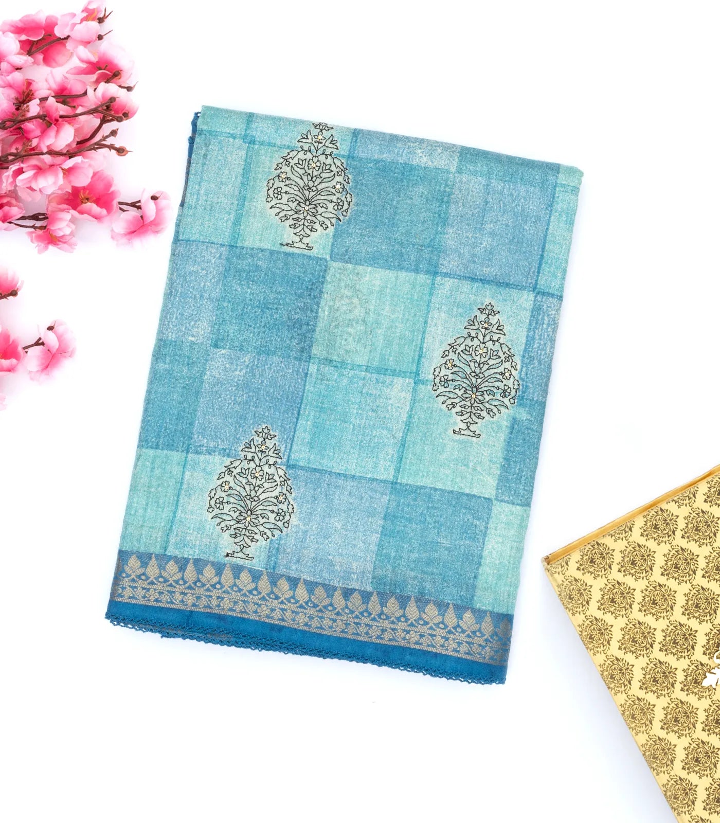 Light Blue Handloom Tussar Silk Saree Printed With Checks & Floral Motifs