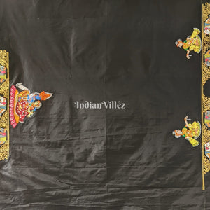 Black Kandarpa Hati (Elephant) Hand-Painted Pattachitra Saree