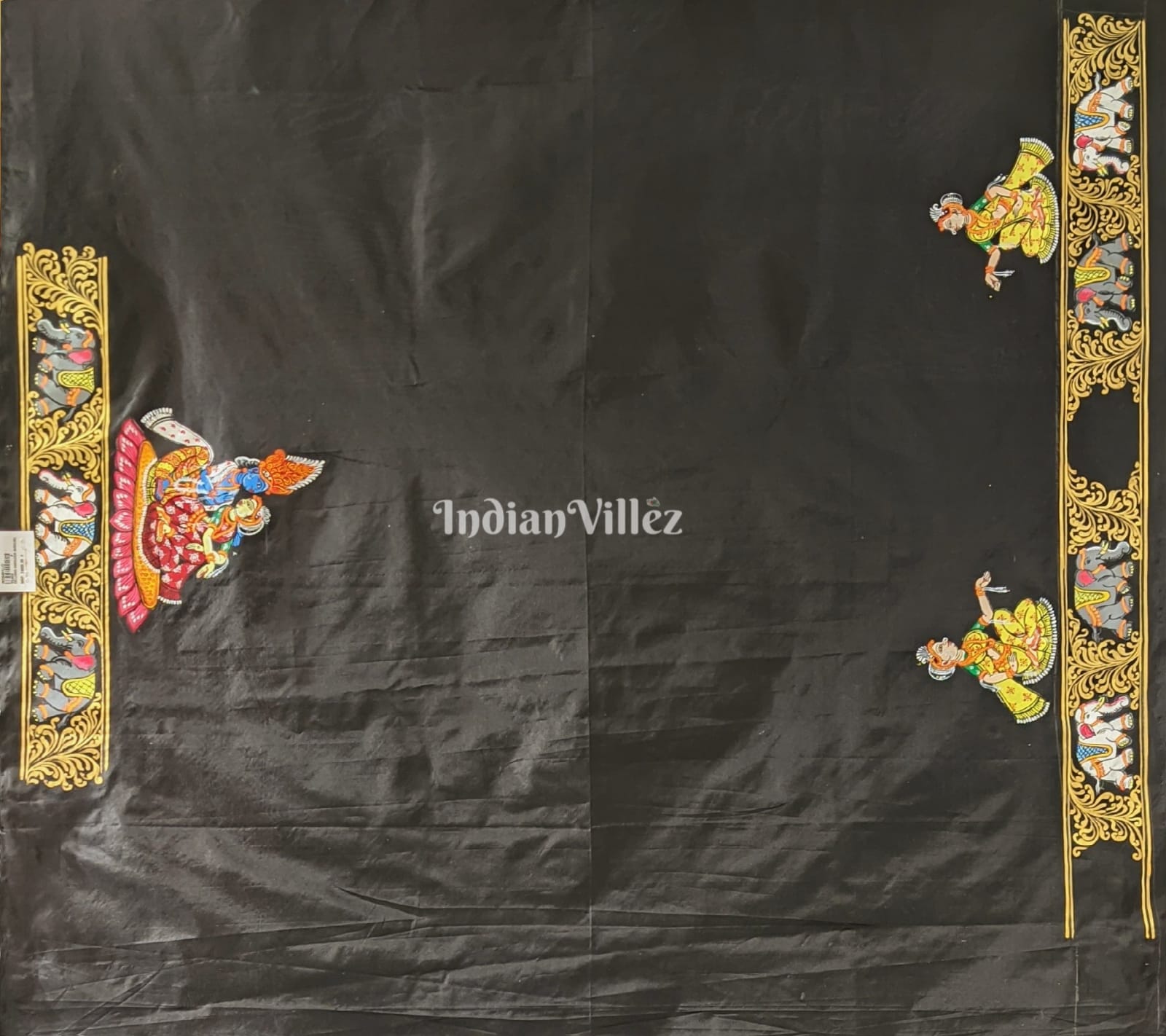 Black Kandarpa Hati (Elephant) Hand-Painted Pattachitra Saree