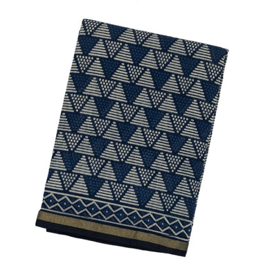 Indigo Woven Jaipur Cotton Saree With Printed Triangle Motifs