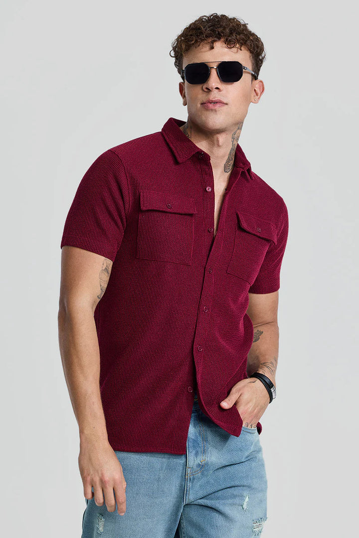 Maroon Textured Double Pocket Shirt