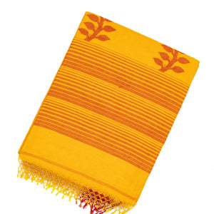 Yellow Handloom Bengal Cotton Saree With Stripes & Buttas