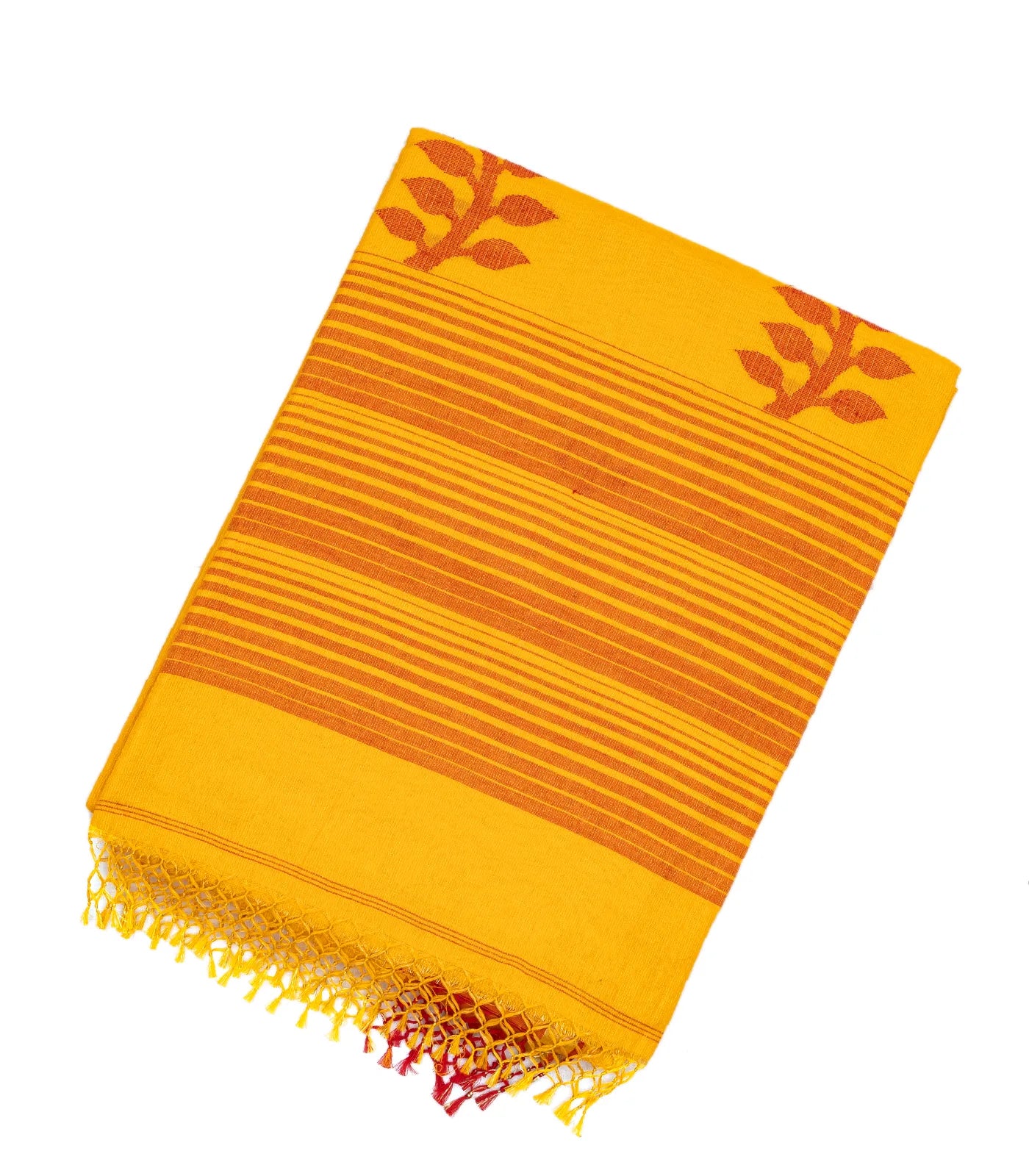 Yellow Handloom Bengal Cotton Saree With Stripes & Buttas