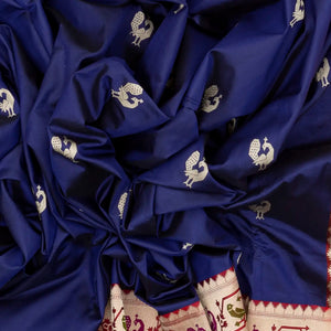 Navy Blue Handloom Banarasi Silk Saree With Peacock Buttas & Contrast Border