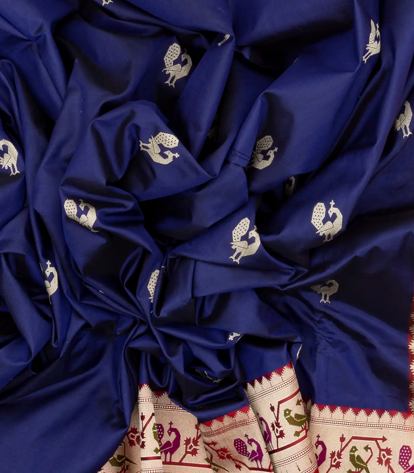Navy Blue Handloom Banarasi Silk Saree With Peacock Buttas & Contrast Border