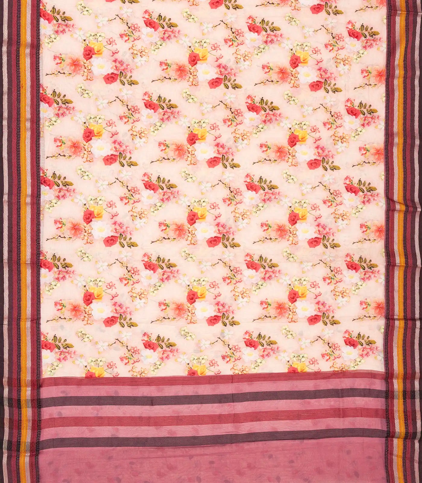 Baby Pink Handloom Chanderi Cotton Saree With Printed Floral Motifs