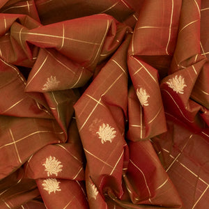 Brown Handloom Kanchi Cotton Saree With Checks & Lotus Buttas