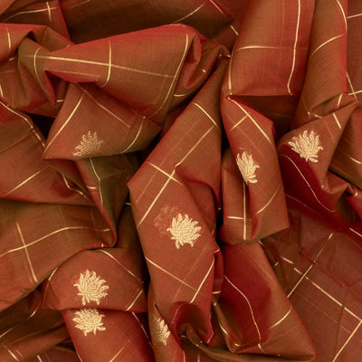 Brown Handloom Kanchi Cotton Saree With Checks & Lotus Buttas