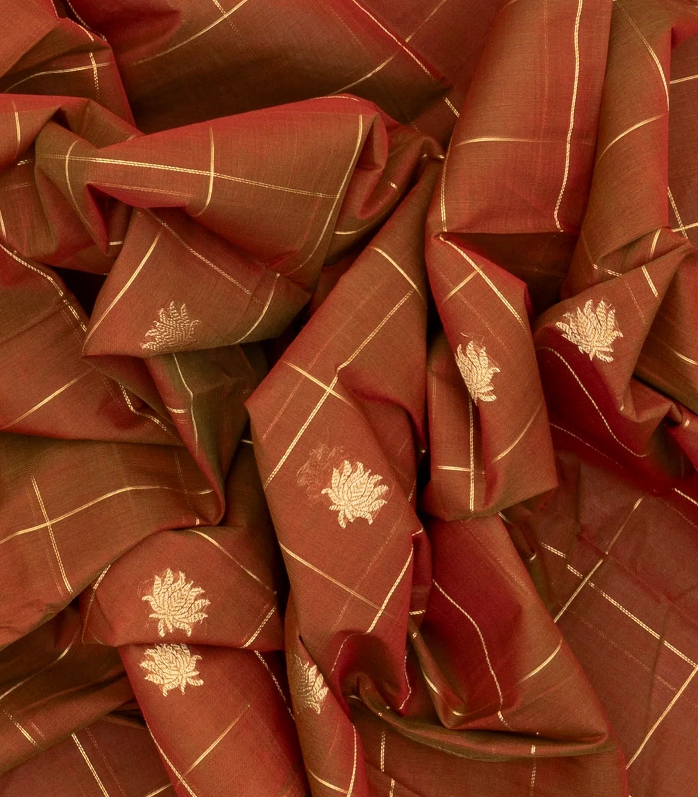 Brown Handloom Kanchi Cotton Saree With Checks & Lotus Buttas