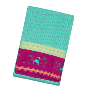 Turquoise  Handloom Chirala Silk Cotton Saree With Checks