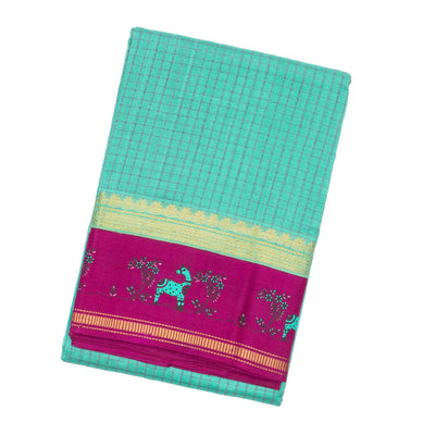Turquoise  Handloom Chirala Silk Cotton Saree With Checks