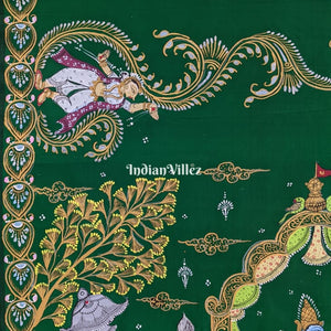 || रास || Green Krishna Rasa Lila Pattachitra Art Mulberry Silk Saree