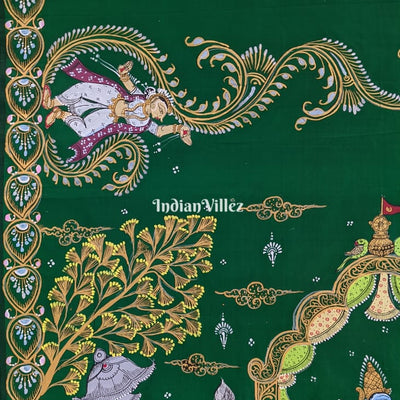 || रास || Green Krishna Rasa Lila Pattachitra Art Mulberry Silk Saree