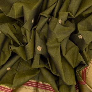 Shadow Green Handloom Kanchi Cotton Saree With Lotus Buttas