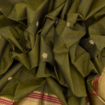 Shadow Green Handloom Kanchi Cotton Saree With Lotus Buttas
