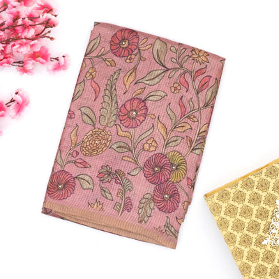 Dusty Pink Handloom Tussar Silk Saree Printed With Floral Vine Motifs