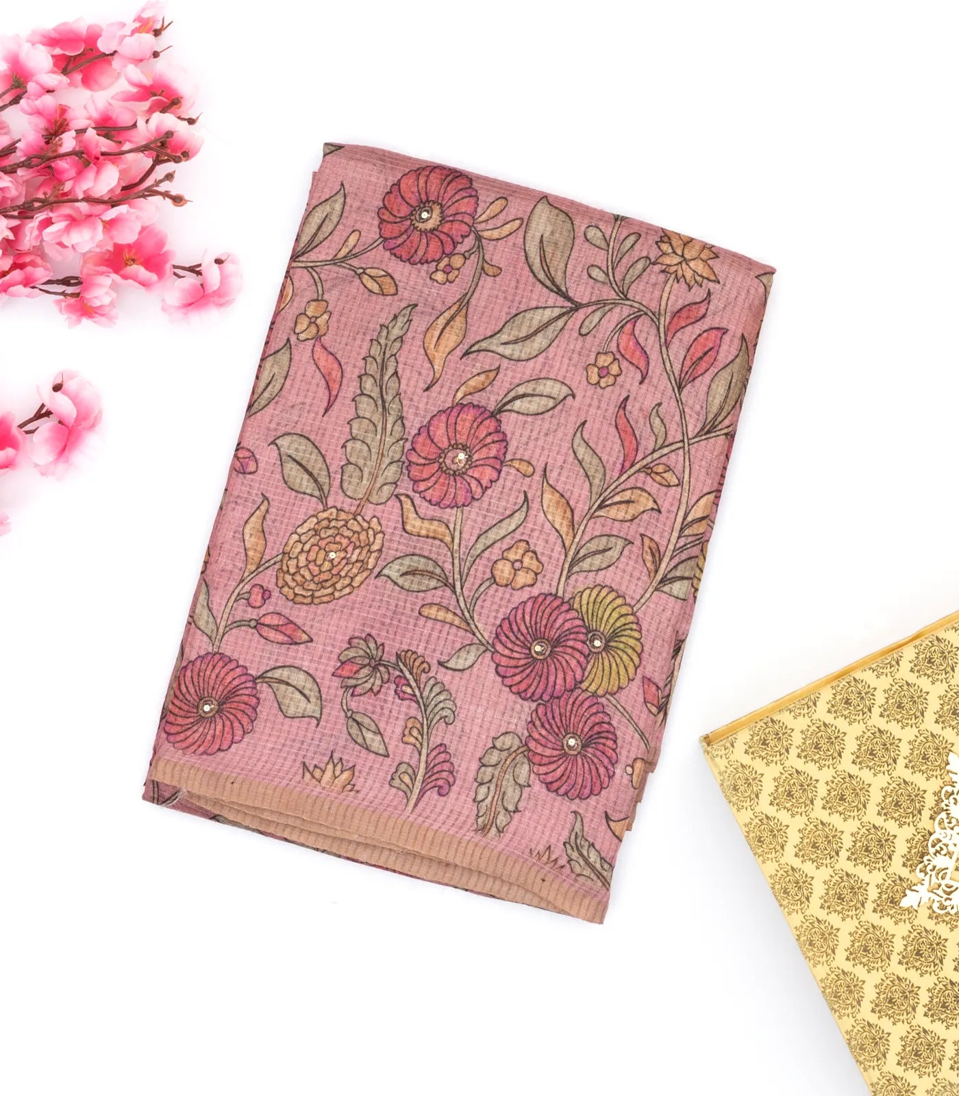 Dusty Pink Handloom Tussar Silk Saree Printed With Floral Vine Motifs