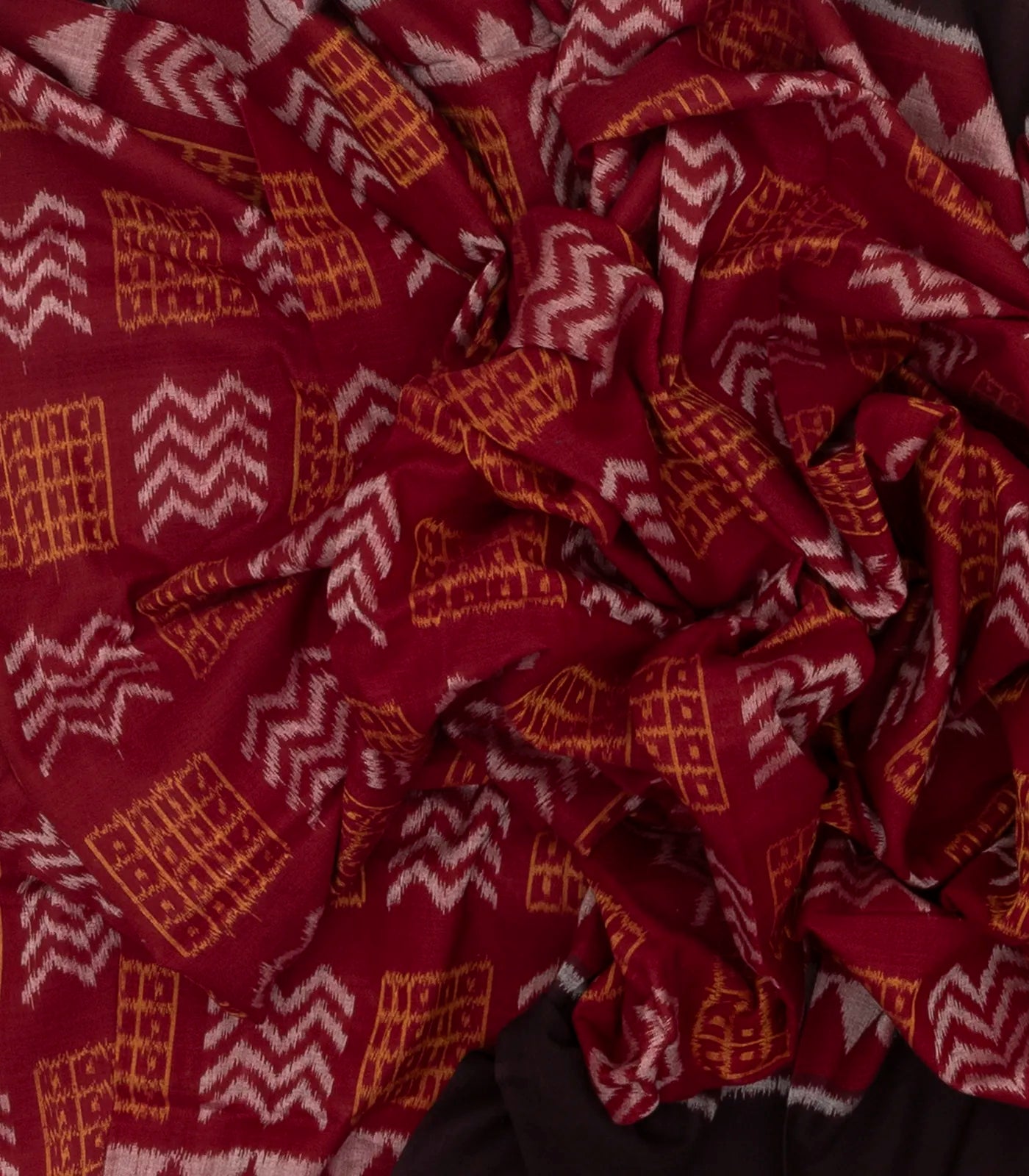 Crimson Handwoven Orissa Cotton Saree With Tie & Dye Chevron Motifs