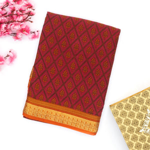 Crimson Silk Saree Printed With Floral Vine Motifs