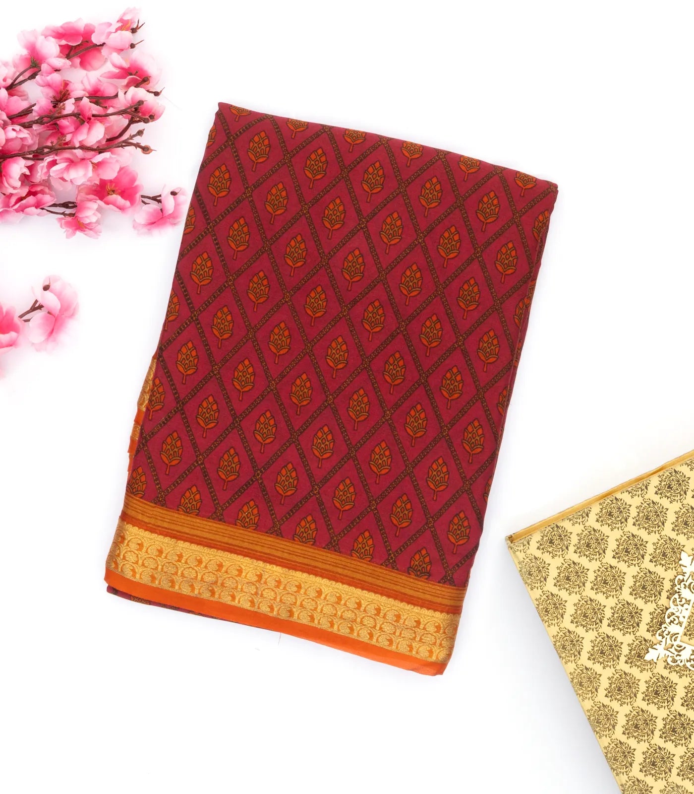 Crimson Silk Saree Printed With Floral Vine Motifs