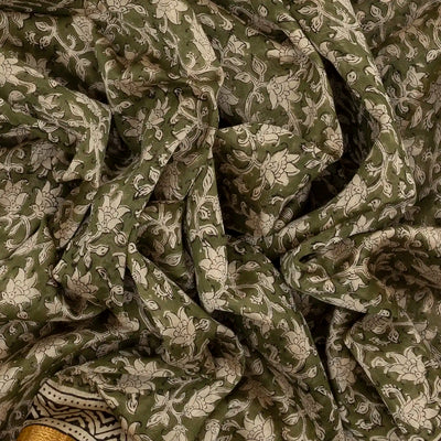 Green Handloom Chanderi Cotton Saree With Printed Floral Motifs