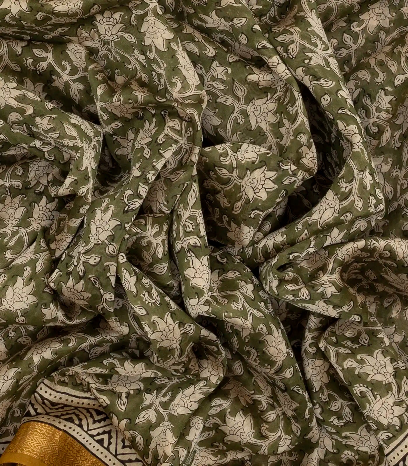 Green Handloom Chanderi Cotton Saree With Printed Floral Motifs