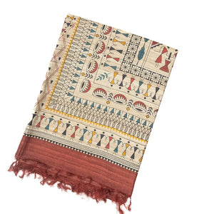 Coral Red Handloom Tussar Silk Saree With Printed Tribal Motifs