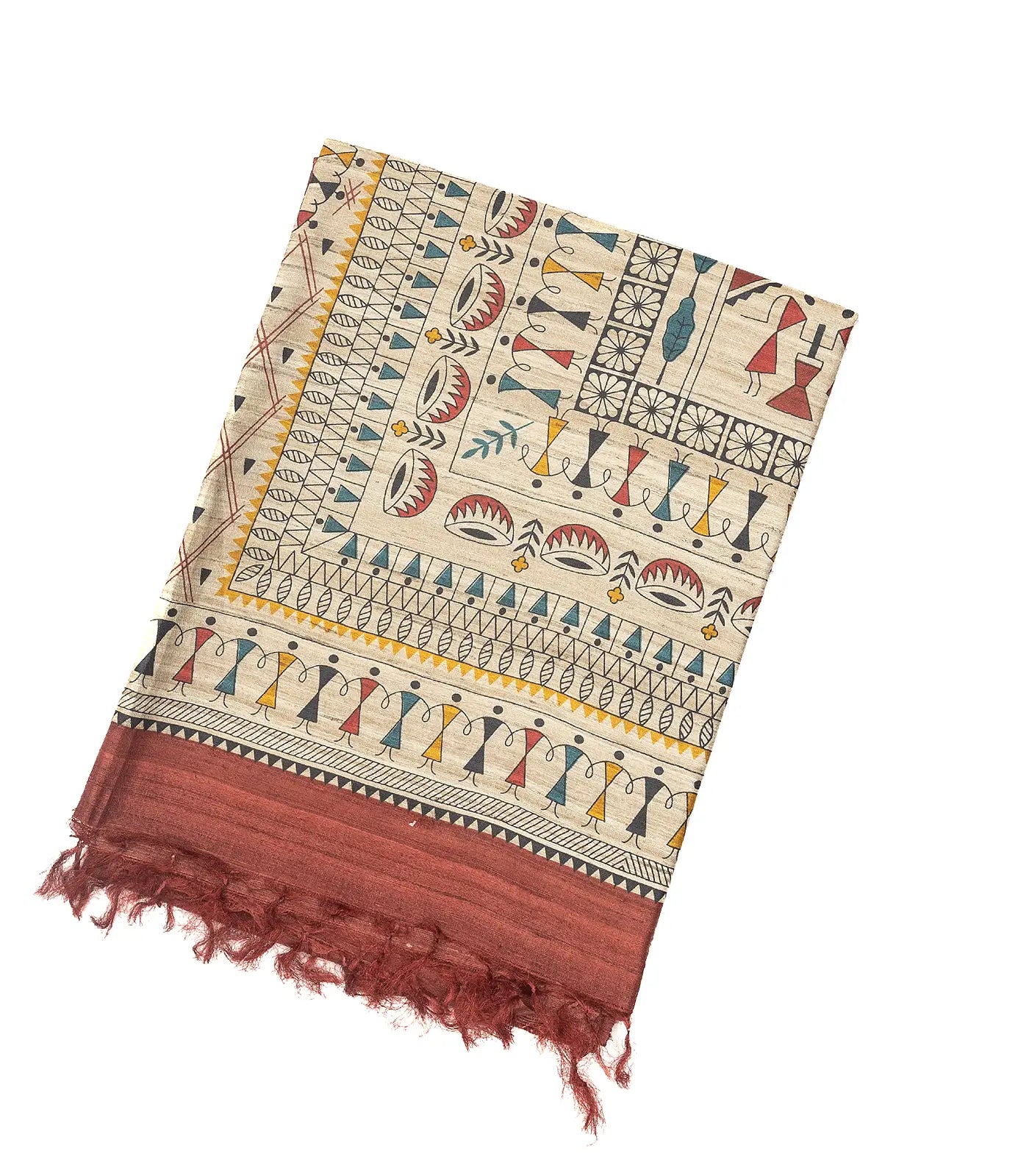 Coral Red Handloom Tussar Silk Saree With Printed Tribal Motifs